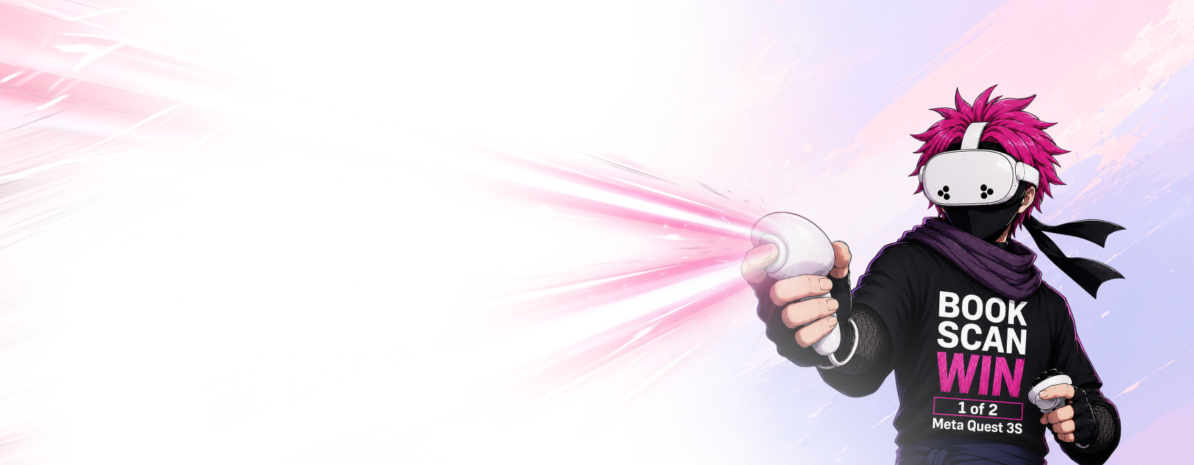 Backslash ninja in a VR headset firing a beam of pink light toward the headline, with a Book - Scan - Win 1 of 2 Meta Quest 3S badge